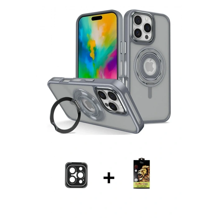 MARSİLYAN™- iPhone 16 Pro Max Kılıf Nova Minimal Serisi - Siyah Buffer Cam Ekran Koruyucu + PVD Metal Kamera Lens - SH