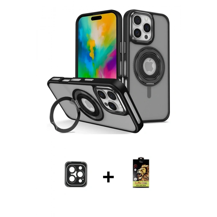 MARSİLYAN™- iPhone 16 Pro Max Kılıf Nova Minimal Serisi - Siyah Buffer Cam Ekran Koruyucu + PVD Metal Kamera Lens - SH