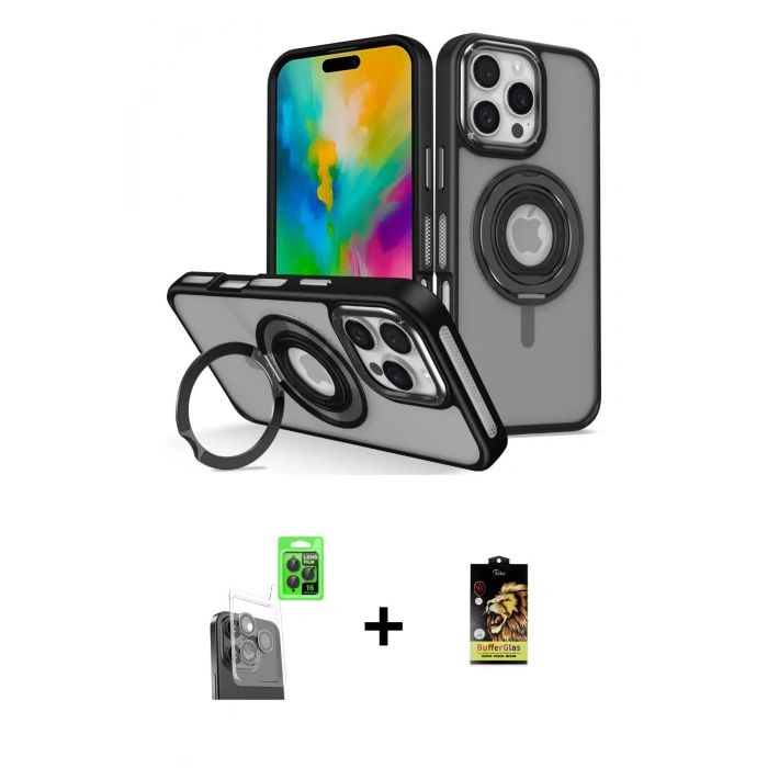 MARSİLYAN™- iPhone 16 Pro Max Kılıf Nova Minimal Serisi - Siyah Buffer Cam Ekran Koruyucu + Raze Metal Kamera Lens - SH
