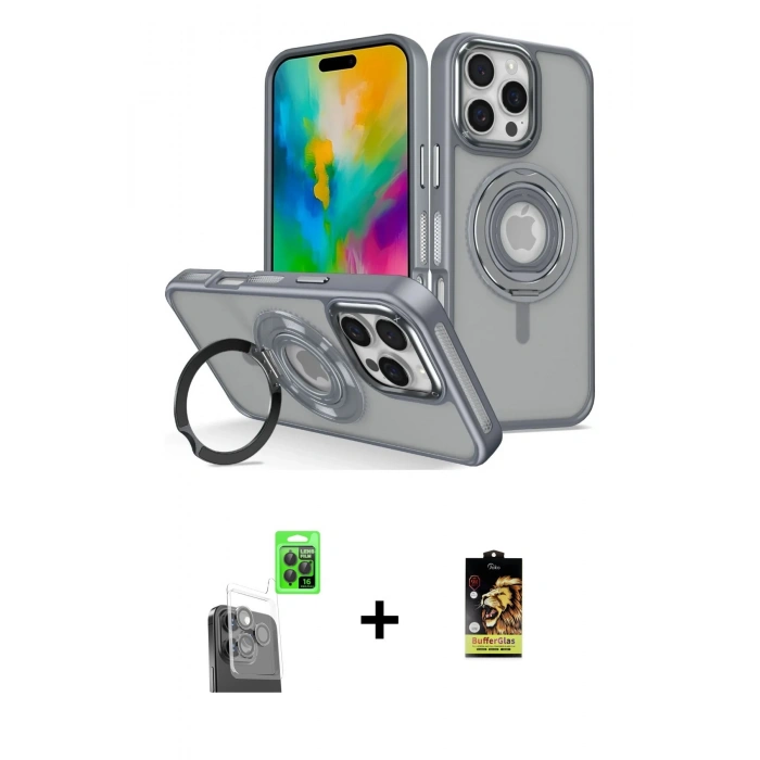 MARSİLYAN™- iPhone 16 Pro Max Kılıf Nova Minimal Serisi - Siyah Buffer Cam Ekran Koruyucu + Raze Metal Kamera Lens - SH