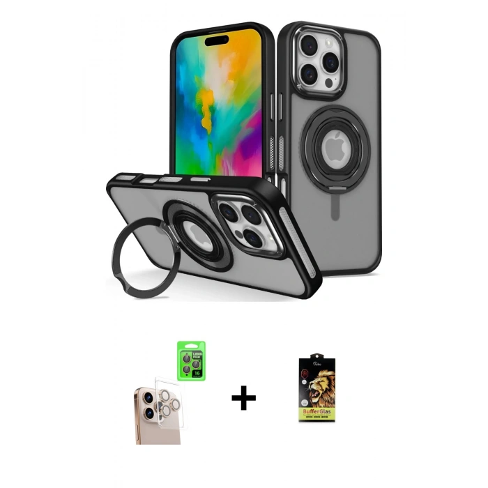 MARSİLYAN™- iPhone 16 Pro Max Kılıf Nova Minimal Serisi - Siyah Buffer Cam Ekran Koruyucu + Raze Metal Kamera Lens - NLGY