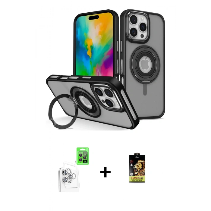 MARSİLYAN™- iPhone 16 Pro Max Kılıf Nova Minimal Serisi - Siyah Buffer Cam Ekran Koruyucu + Raze Metal Kamera Lens - BZ