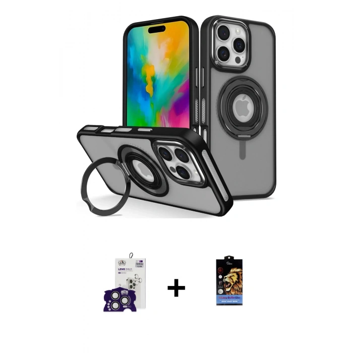 MARSİLYAN™- iPhone 16 Pro Max Kılıf Nova Minimal Serisi - Siyah Buffer Hayalet Cam Ekran Koruyucu + Bilvis Titan Kamera Lens - TMGI