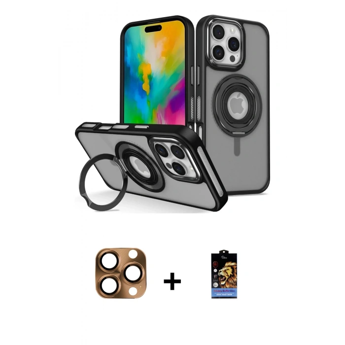 MARSİLYAN™- iPhone 16 Pro Max Kılıf Nova Minimal Serisi - Siyah Buffer Hayalet Cam Ekran Koruyucu + Pers Alüminyum Kamera Lens - CLTM