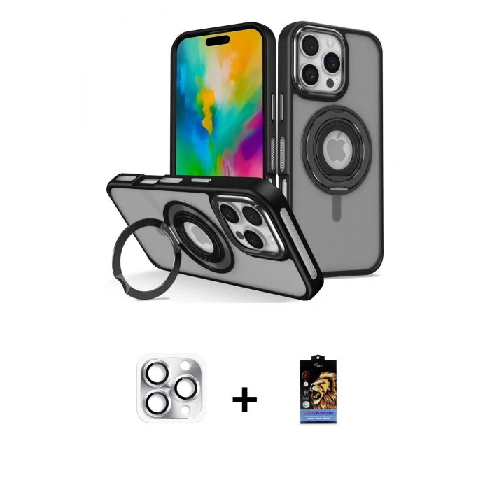MARSİLYAN™- iPhone 16 Pro Max Kılıf Nova Minimal Serisi - Siyah Buffer Hayalet Cam Ekran Koruyucu + Pers Alüminyum Kamera Lens - GS