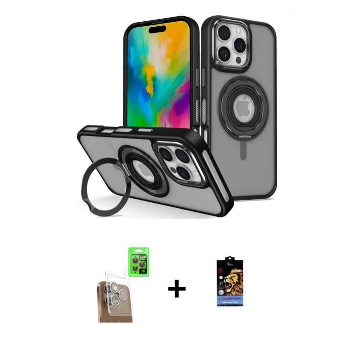 MARSİLYAN™- iPhone 16 Pro Max Kılıf Nova Minimal Serisi - Siyah Buffer Hayalet Cam Ekran Koruyucu + Raze Metal Kamera Lens - CLTM