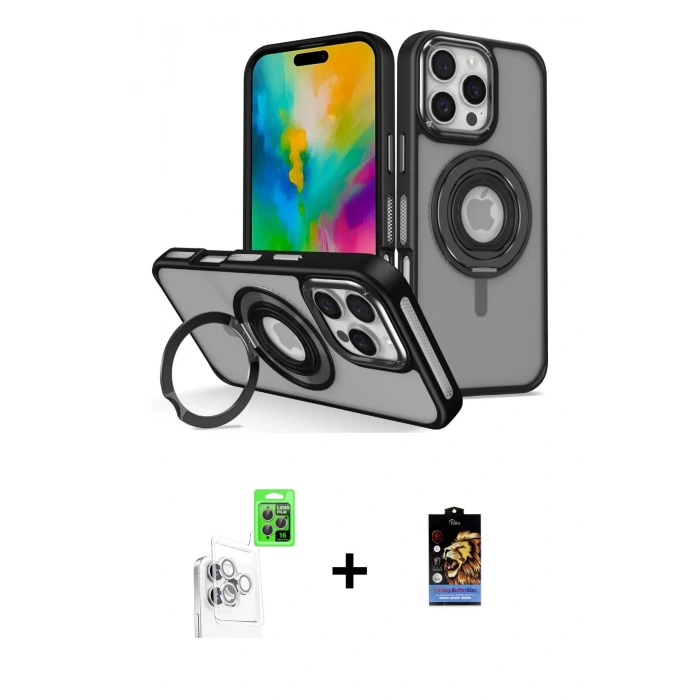 MARSİLYAN™- iPhone 16 Pro Max Kılıf Nova Minimal Serisi - Siyah Buffer Hayalet Cam Ekran Koruyucu + Raze Metal Kamera Lens - BZ
