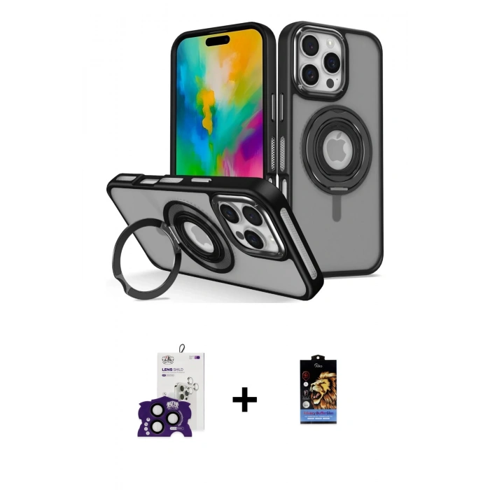 MARSİLYAN™- iPhone 16 Pro Max Kılıf Nova Minimal Serisi - Siyah Buffer Hayalet Cam Ekran Koruyucu + Bilvis Titan Kamera Lens - SH