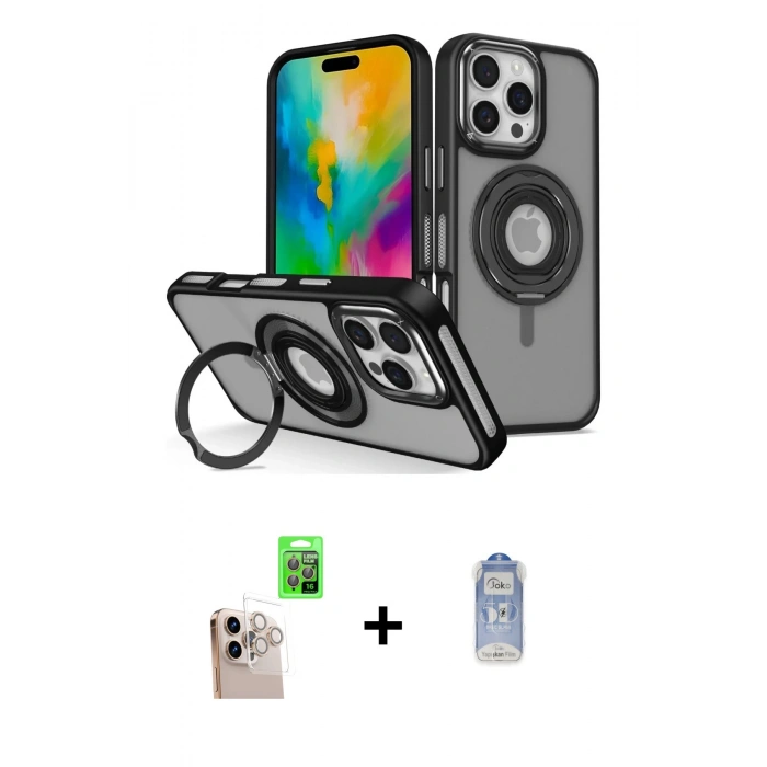 MARSİLYAN™- iPhone 16 Pro Max Kılıf Nova Minimal Serisi - Siyah Joko Magic 5D Cam + Natural Grey Raze Metal Kamera Lens