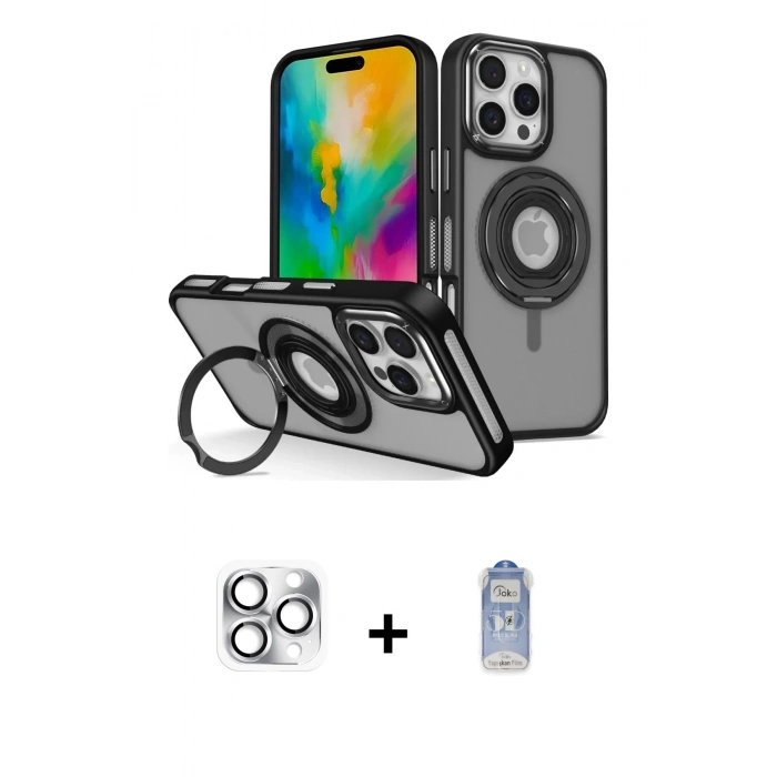 MARSİLYAN™- iPhone 16 Pro Max Kılıf Nova Minimal Serisi - Siyah Joko Magic 5D Cam + Pers Alüminyum Kamera Lens - GS