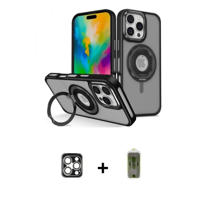 MARSİLYAN™- iPhone 16 Pro Max Kılıf Nova Minimal Serisi - Siyah Joko Magic 5D Hayalet Cam + Gümüş PVD Metal Kamera Lens