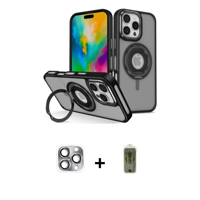 MARSİLYAN™- iPhone 16 Pro Max Kılıf Nova Minimal Serisi - Siyah Joko Magic 5D Hayalet Cam + Pers Alüminyum Kamera Lens - GI