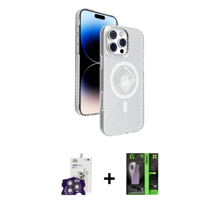 MARSİLYAN™- iPhone 16 Pro Max Kılıf Nova Modern Prime - Şeffaf 360 Full Body Arka Koruyucu + Gümüş Bilvis Titan Kamera Lens