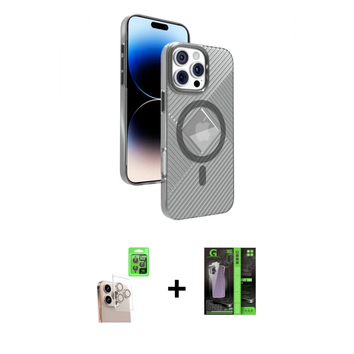 MARSİLYAN™- iPhone 16 Pro Max Kılıf Nova Modern Prime - Şeffaf 360 Full Body Arka Koruyucu + Raze Metal Kamera Lens - NLGY