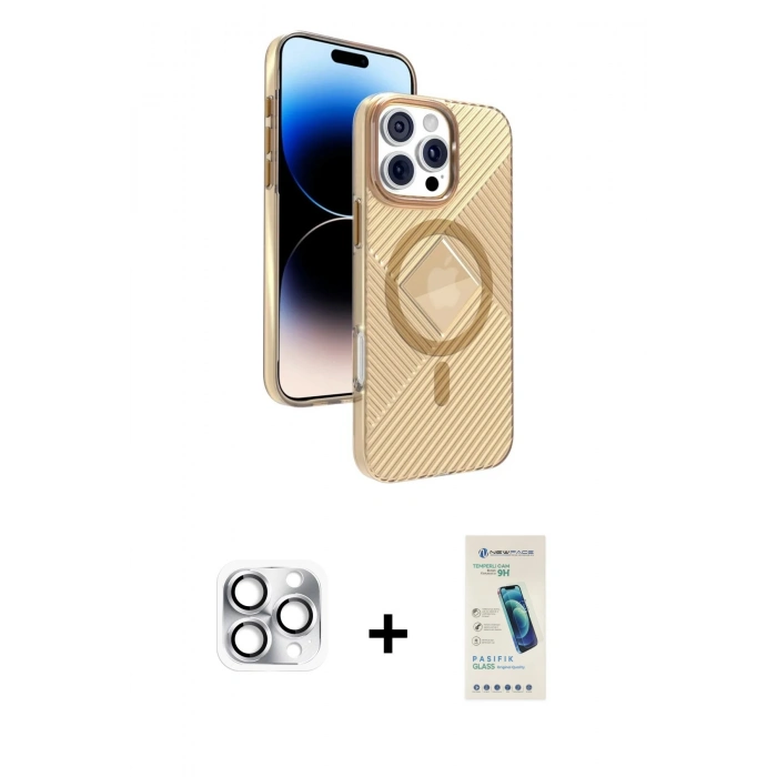 MARSİLYAN™- iPhone 16 Pro Max Kılıf Nova Modern Prime - Şeffaf Pasifik Cam Ekran Koruyucu + Gümüş Pers Alüminyum Kamera Lens