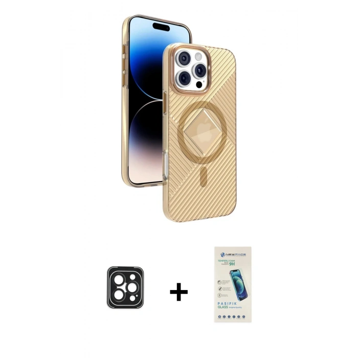 MARSİLYAN™- iPhone 16 Pro Max Kılıf Nova Modern Prime - Şeffaf Pasifik Cam Ekran Koruyucu + PVD Metal Kamera Lens - SH