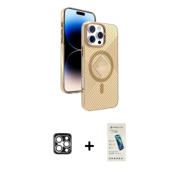 MARSİLYAN™- iPhone 16 Pro Max Kılıf Nova Modern Prime - Şeffaf Pasifik Cam Ekran Koruyucu + PVD Metal Kamera Lens - GS