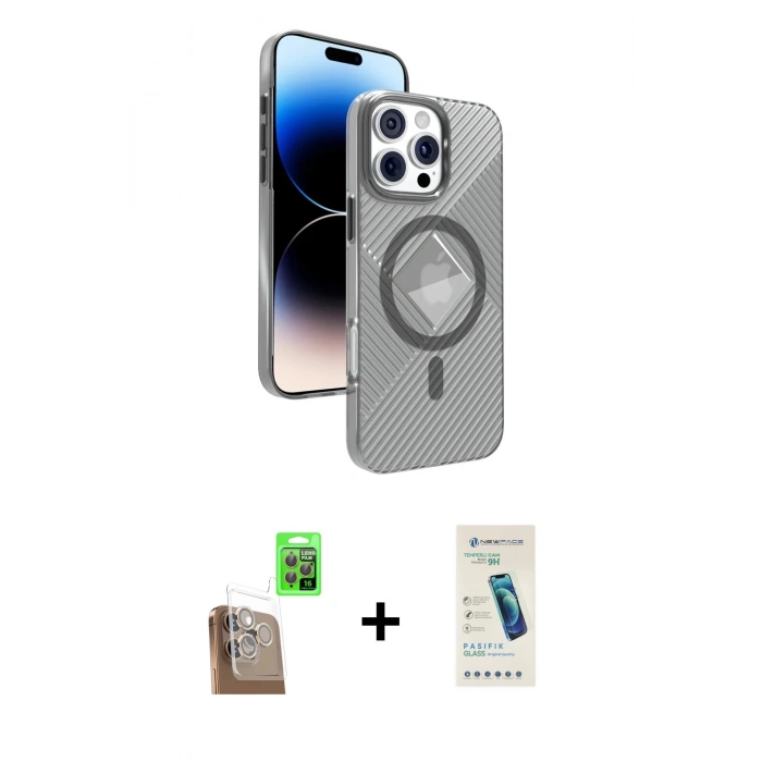 MARSİLYAN™- iPhone 16 Pro Max Kılıf Nova Modern Prime - Şeffaf Pasifik Cam Ekran Koruyucu + Raze Metal Kamera Lens - CLTM