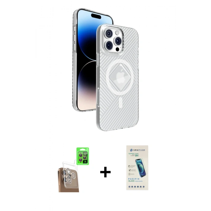 MARSİLYAN™- iPhone 16 Pro Max Kılıf Nova Modern Prime - Şeffaf Pasifik Cam Ekran Koruyucu + Raze Metal Kamera Lens - CLTM