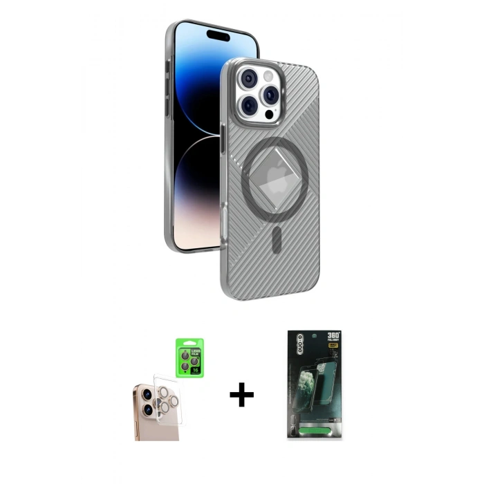 MARSİLYAN™- iPhone 16 Pro Max Kılıf Nova Modern Prime - Siyah 360 Mat Full Body Arka Koruyucu + Raze Metal Kamera Lens - NLGY