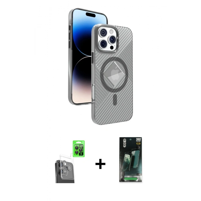 MARSİLYAN™- iPhone 16 Pro Max Kılıf Nova Modern Prime - Siyah 360 Mat Full Body Arka Koruyucu + Raze Metal Kamera Lens - SH