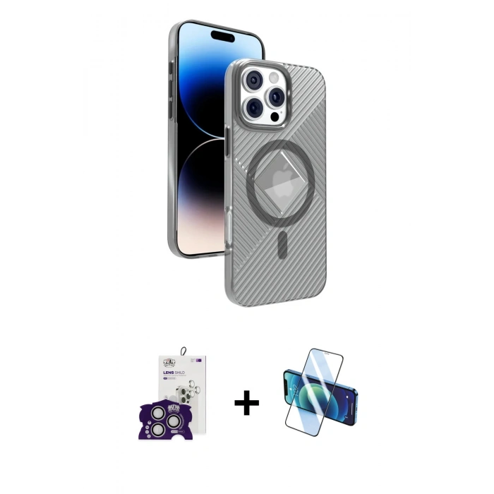 MARSİLYAN™- iPhone 16 Pro Max Kılıf Nova Modern Prime - Siyah 3D Antistatik Cam Ekran Koruyucu + Bilvis Titan Kamera Lens - GS