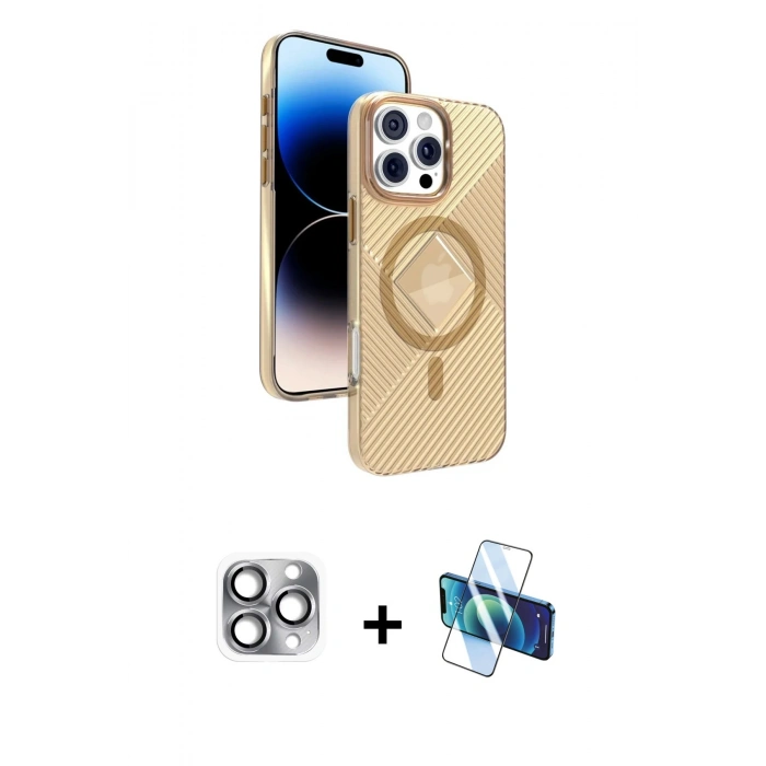 MARSİLYAN™- iPhone 16 Pro Max Kılıf Nova Modern Prime - Siyah 3D Antistatik Cam Ekran Koruyucu + Pers Alüminyum Kamera Lens - GI