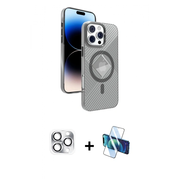 MARSİLYAN™- iPhone 16 Pro Max Kılıf Nova Modern Prime - Siyah 3D Antistatik Cam Ekran Koruyucu + Pers Alüminyum Kamera Lens - GS