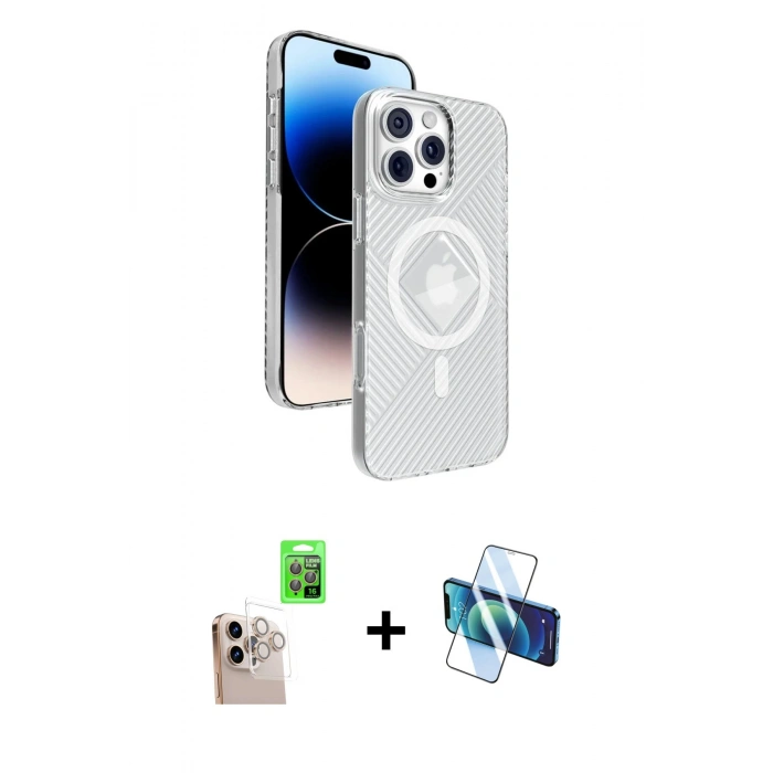 MARSİLYAN™- iPhone 16 Pro Max Kılıf Nova Modern Prime - Siyah 3D Antistatik Cam Ekran Koruyucu + Raze Metal Kamera Lens - NLGY