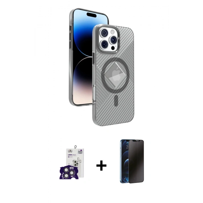 MARSİLYAN™- iPhone 16 Pro Max Kılıf Nova Modern Prime - Siyah 3D Antistatik Hayalet Cam Ekran Koruyucu + Bilvis Titan Kamera Lens - TMGI