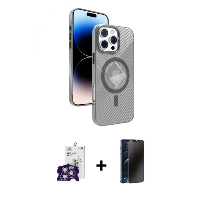 MARSİLYAN™- iPhone 16 Pro Max Kılıf Nova Modern Prime - Siyah 3D Antistatik Hayalet Cam Ekran Koruyucu + Bilvis Titan Kamera Lens - GS