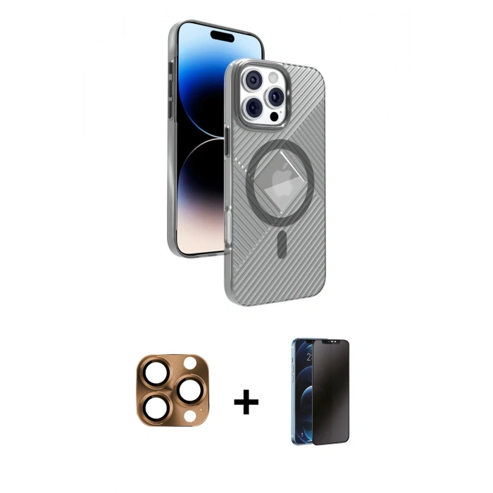 MARSİLYAN™- iPhone 16 Pro Max Kılıf Nova Modern Prime - Siyah 3D Antistatik Hayalet Cam Ekran Koruyucu + Pers Alüminyum Kamera Lens - CLTM