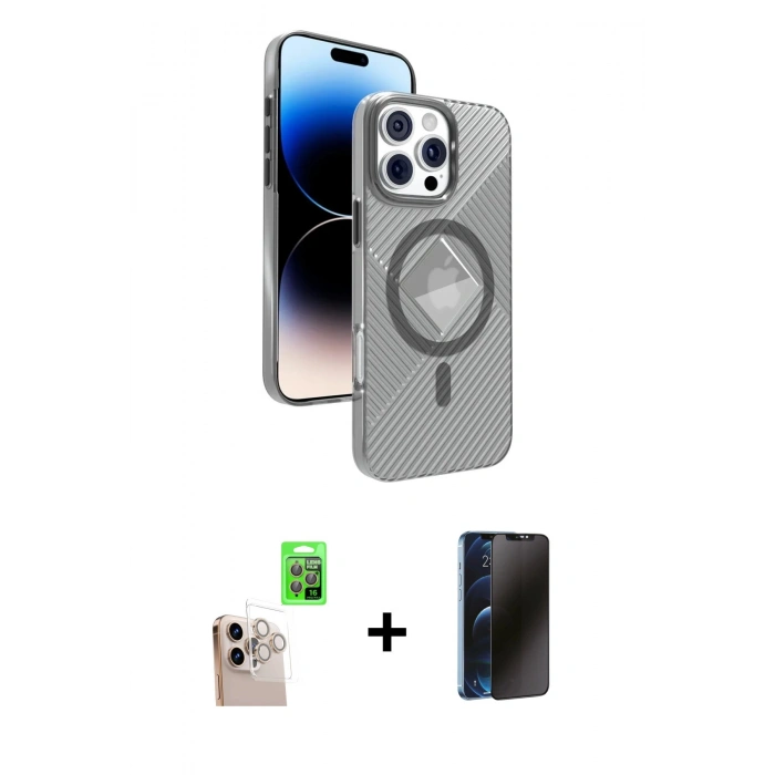 MARSİLYAN™- iPhone 16 Pro Max Kılıf Nova Modern Prime - Siyah 3D Antistatik Hayalet Cam Ekran Koruyucu + Raze Metal Kamera Lens - NLGY