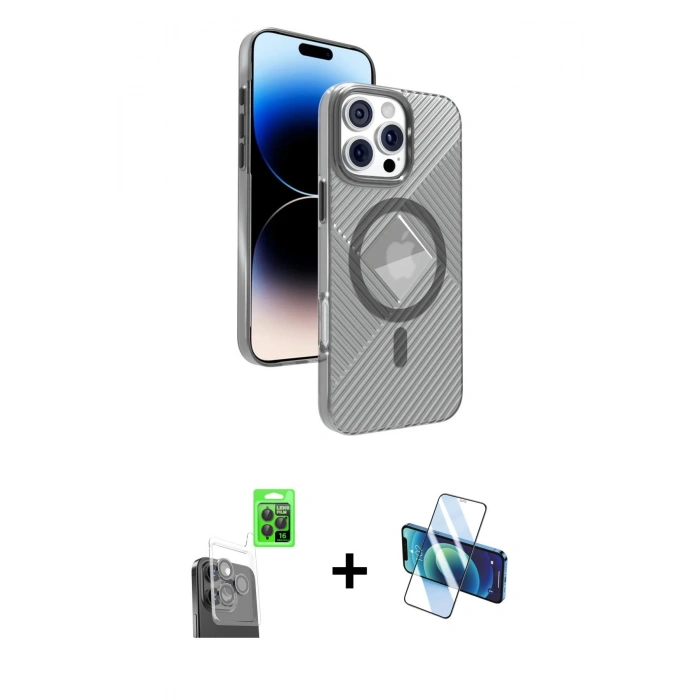 MARSİLYAN™- iPhone 16 Pro Max Kılıf Nova Modern Prime - Siyah 3D Antistatik Seramik Nano Ekran Koruyucu + Siyah Raze Metal Kamera Lens