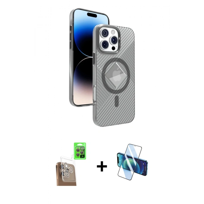 MARSİLYAN™- iPhone 16 Pro Max Kılıf Nova Modern Prime - Siyah 3D Antistatik Seramik Nano Ekran Koruyucu + Çöl Titanyum Raze Metal Kamera Lens