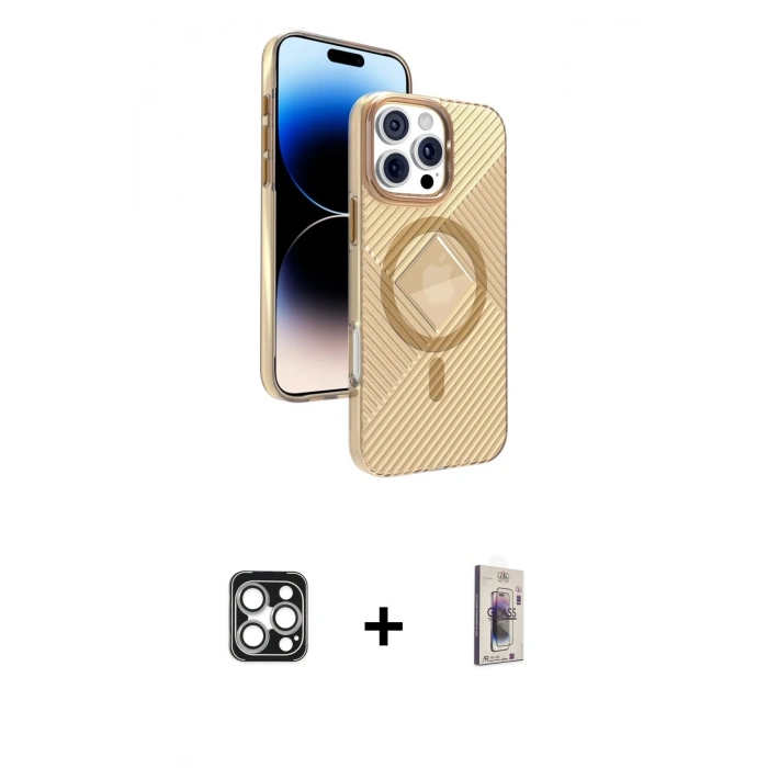 MARSİLYAN™- iPhone 16 Pro Max Kılıf Nova Modern Prime - Siyah Bilvis 3D Cam Ekran Koruyucu + PVD Metal Kamera Lens - GS