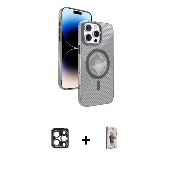 MARSİLYAN™- iPhone 16 Pro Max Kılıf Nova Modern Prime - Siyah Bilvis 3D Cam Ekran Koruyucu + PVD Metal Kamera Lens - GD