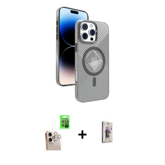 MARSİLYAN™- iPhone 16 Pro Max Kılıf Nova Modern Prime - Siyah Bilvis 3D Cam Ekran Koruyucu + Raze Metal Kamera Lens - NLGY