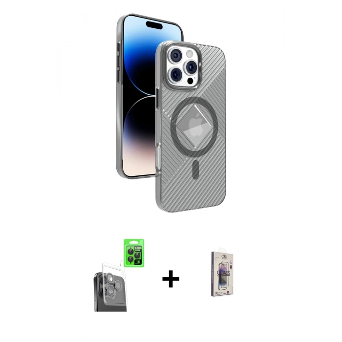 MARSİLYAN™- iPhone 16 Pro Max Kılıf Nova Modern Prime - Siyah Bilvis 3D Cam Ekran Koruyucu + Raze Metal Kamera Lens - SH