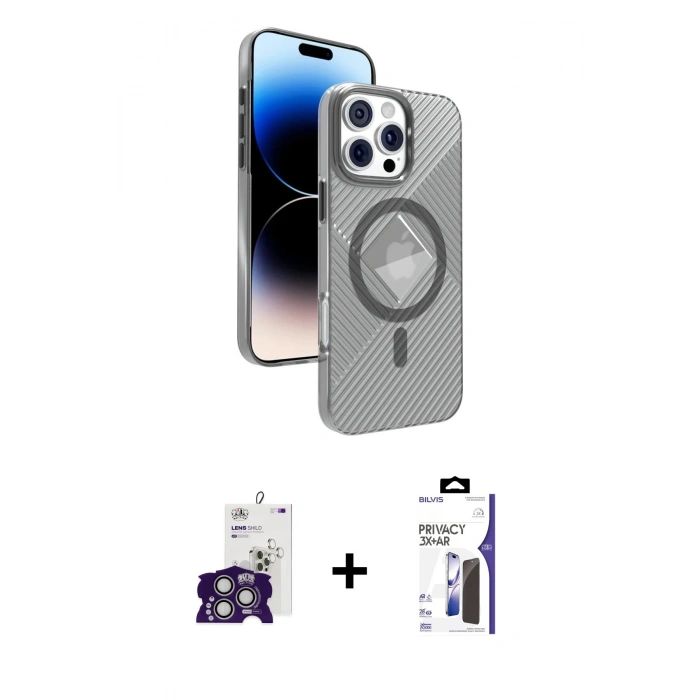 MARSİLYAN™- iPhone 16 Pro Max Kılıf Nova Modern Prime - Siyah Bilvis 3X AR Hayalet Cam Ekran Koruyucu + Bilvis Titan Kamera Lens - GS