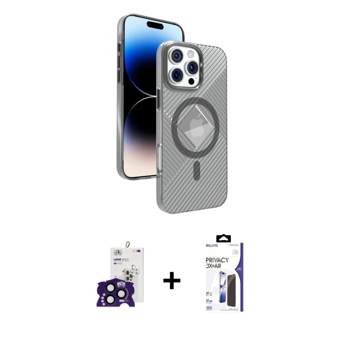 MARSİLYAN™- iPhone 16 Pro Max Kılıf Nova Modern Prime - Siyah Bilvis 3X AR Hayalet Cam Ekran Koruyucu + Bilvis Titan Kamera Lens - SH