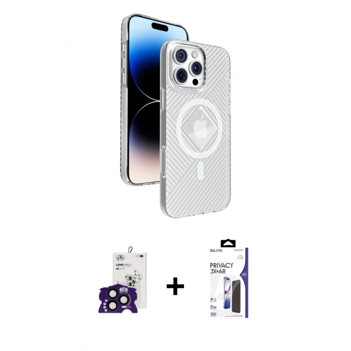 MARSİLYAN™- iPhone 16 Pro Max Kılıf Nova Modern Prime - Siyah Bilvis 3X AR Hayalet Cam Ekran Koruyucu + Bilvis Titan Kamera Lens - SH