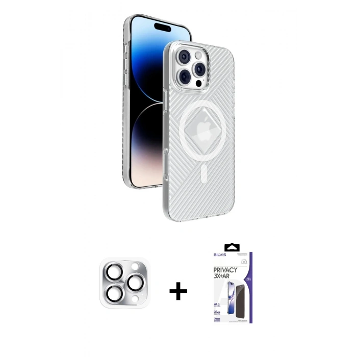 MARSİLYAN™- iPhone 16 Pro Max Kılıf Nova Modern Prime - Siyah Bilvis 3X AR Hayalet Cam Ekran Koruyucu + Pers Alüminyum Kamera Lens - GS
