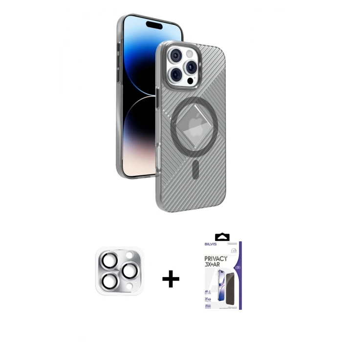 MARSİLYAN™- iPhone 16 Pro Max Kılıf Nova Modern Prime - Siyah Bilvis 3X AR Hayalet Cam Ekran Koruyucu + Pers Alüminyum Kamera Lens - GS