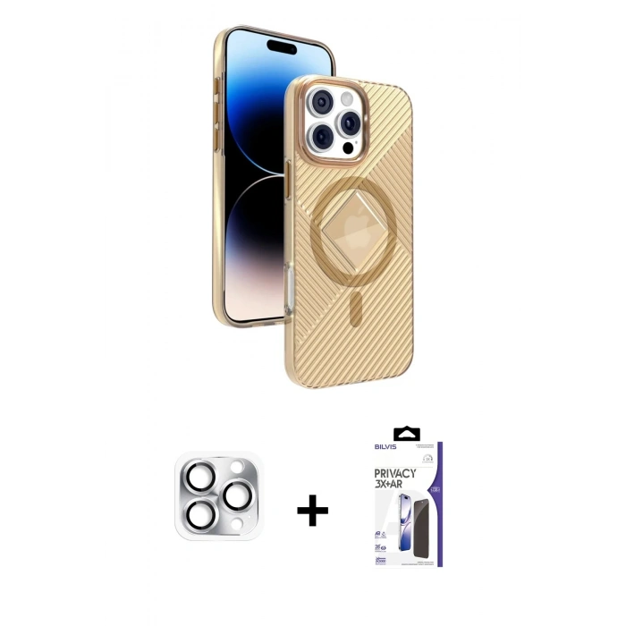 MARSİLYAN™- iPhone 16 Pro Max Kılıf Nova Modern Prime - Siyah Bilvis 3X AR Hayalet Cam Ekran Koruyucu + Pers Alüminyum Kamera Lens - GS
