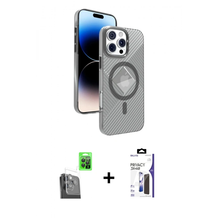 MARSİLYAN™- iPhone 16 Pro Max Kılıf Nova Modern Prime - Siyah Bilvis 3X AR Hayalet Cam Ekran Koruyucu + Raze Metal Kamera Lens - SH