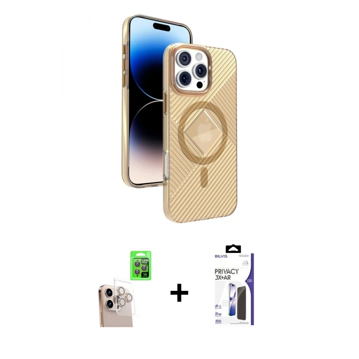 MARSİLYAN™- iPhone 16 Pro Max Kılıf Nova Modern Prime - Siyah Bilvis 3X AR Hayalet Cam Ekran Koruyucu + Raze Metal Kamera Lens - NLGY