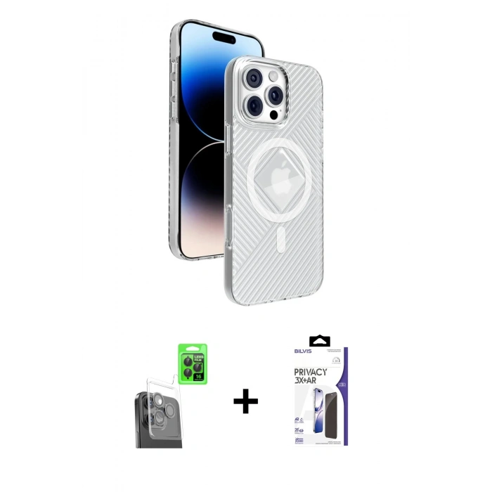 MARSİLYAN™- iPhone 16 Pro Max Kılıf Nova Modern Prime - Siyah Bilvis 3X AR Hayalet Cam Ekran Koruyucu + Raze Metal Kamera Lens - SH
