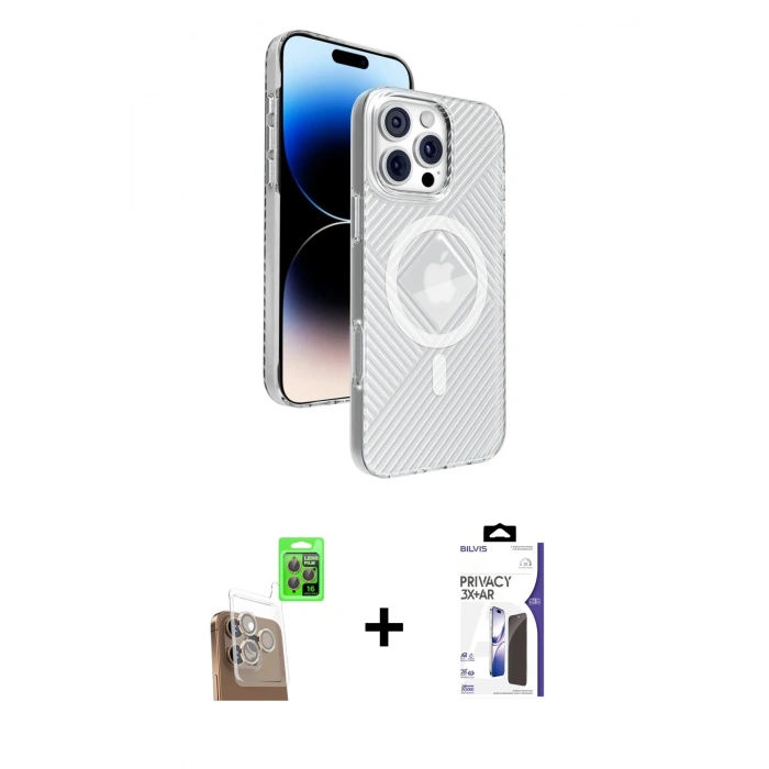 MARSİLYAN™- iPhone 16 Pro Max Kılıf Nova Modern Prime - Siyah Bilvis 3X AR Hayalet Cam Ekran Koruyucu + Raze Metal Kamera Lens - CLTM