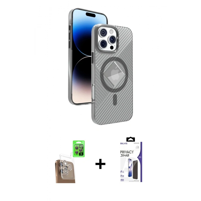 MARSİLYAN™- iPhone 16 Pro Max Kılıf Nova Modern Prime - Siyah Bilvis 3X AR Hayalet Cam Ekran Koruyucu + Raze Metal Kamera Lens - CLTM